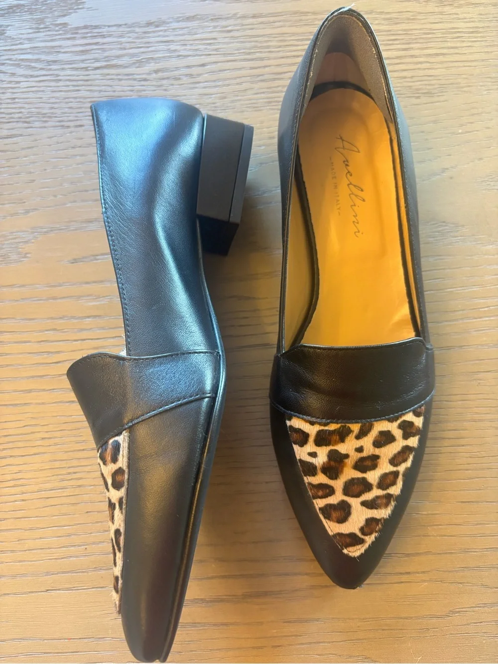 Black Leather Loafers with Leopard Toe Accent